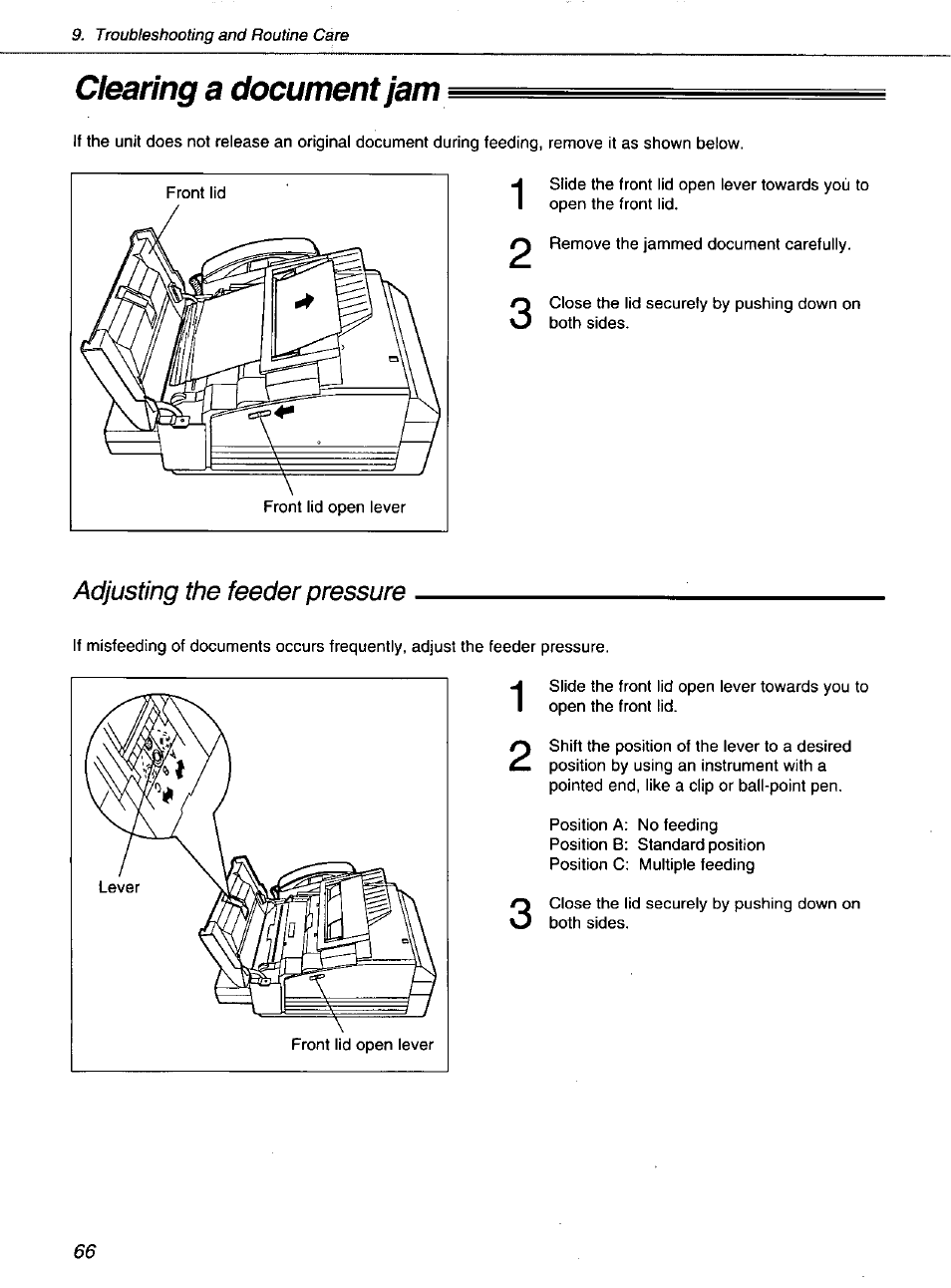 Clearing a document jam | Panasonic KXF1100 User Manual | Page 66 / 84