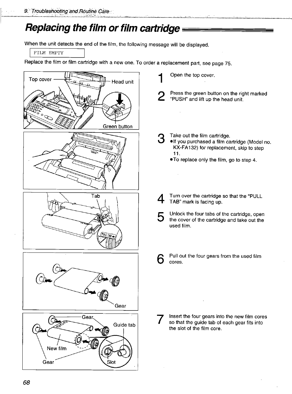 Replacing the film or film cartridge | Panasonic KXF1100 User Manual | Page 68 / 84