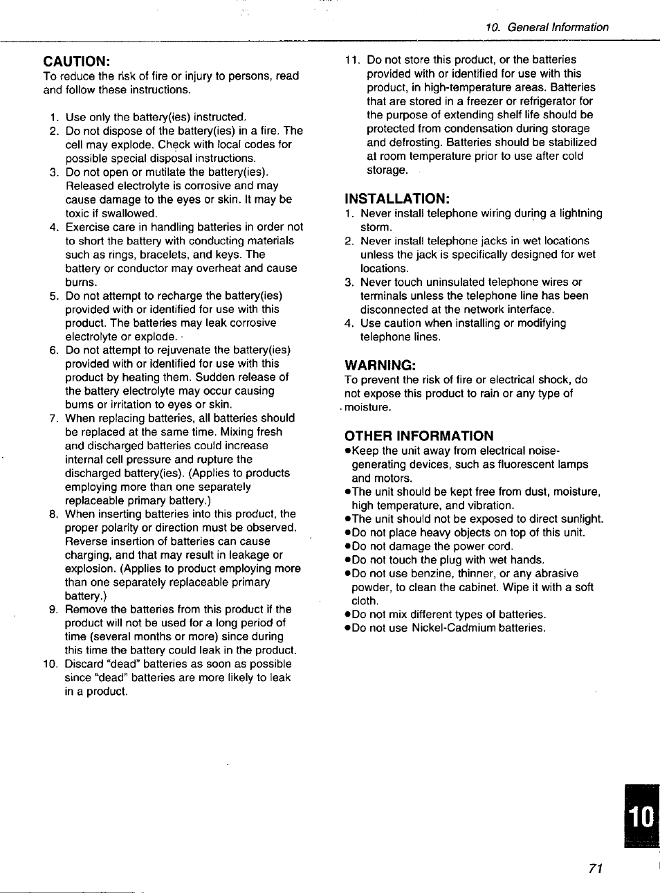 Caution, Installation, Warning | Other information | Panasonic KXF1100 User Manual | Page 71 / 84