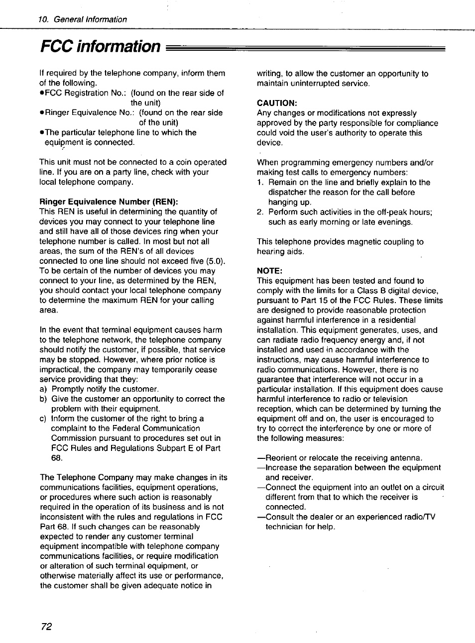Fcc information, Ringer equivalence number (ren), Caution | Note | Panasonic KXF1100 User Manual | Page 72 / 84