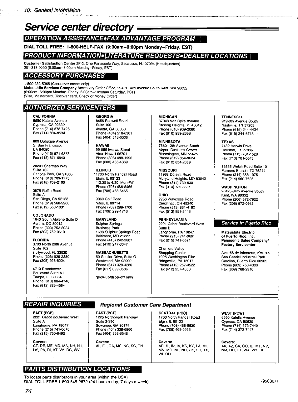 Service center directory, Operation assistance»fax advantage program, Accessory purchases | Wthorized servicenter, Repair inquiries, Parts distribution locations, Genérahnfórmàtion | Panasonic KXF1100 User Manual | Page 74 / 84
