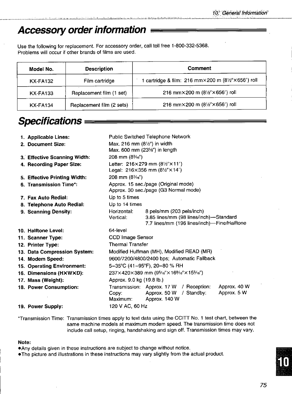 Accessory order information, Specifications, Note | Accessory order information specifications | Panasonic KXF1100 User Manual | Page 75 / 84