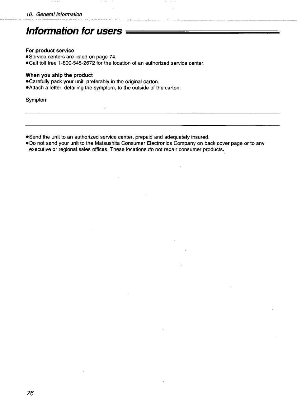 Information for users, For product service | Panasonic KXF1100 User Manual | Page 76 / 84