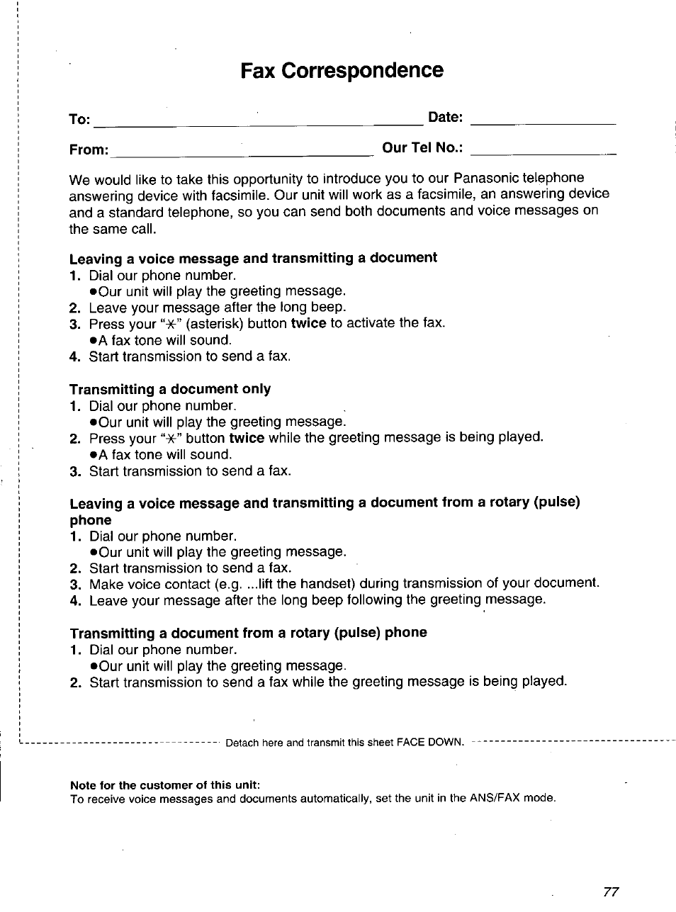 Date, Our tel no, Transmitting a document only | Fax correspondence | Panasonic KXF1100 User Manual | Page 77 / 84