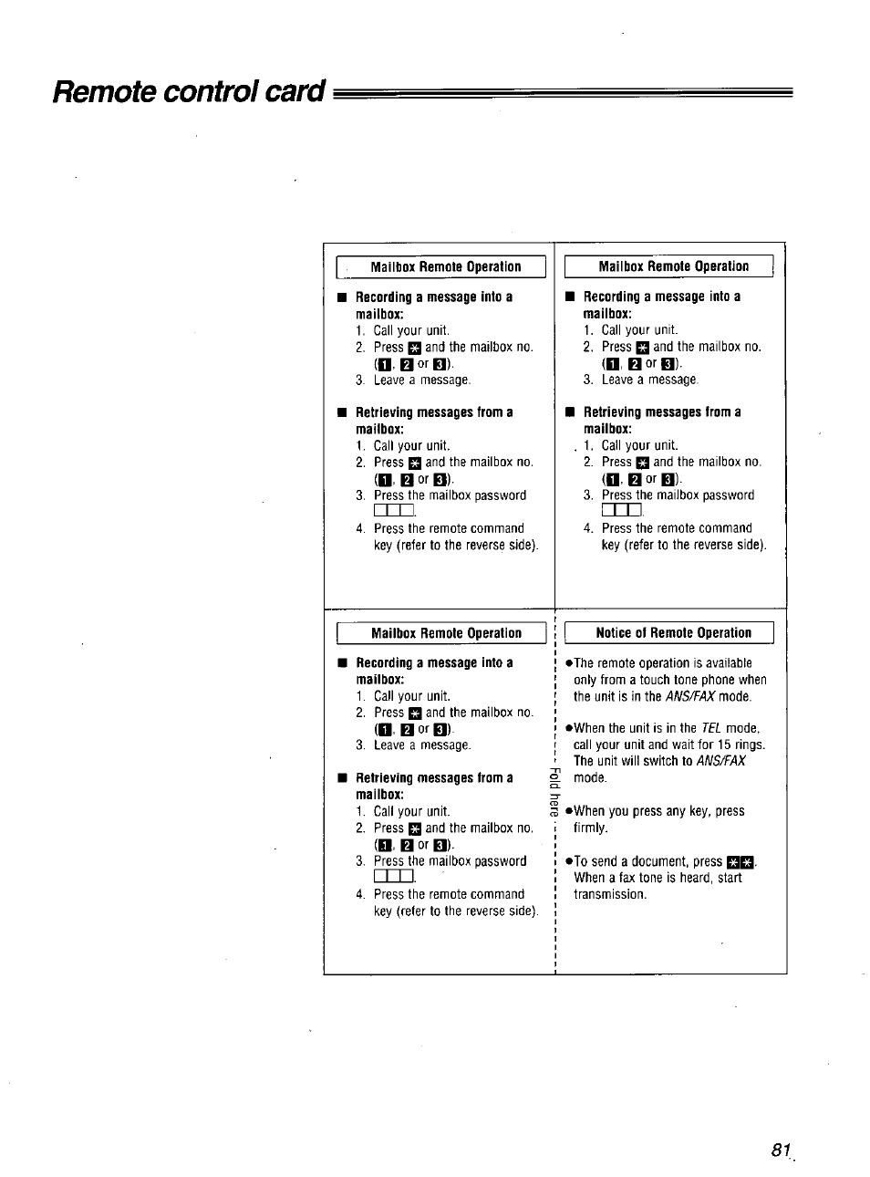 Remote control card | Panasonic KXF1100 User Manual | Page 81 / 84
