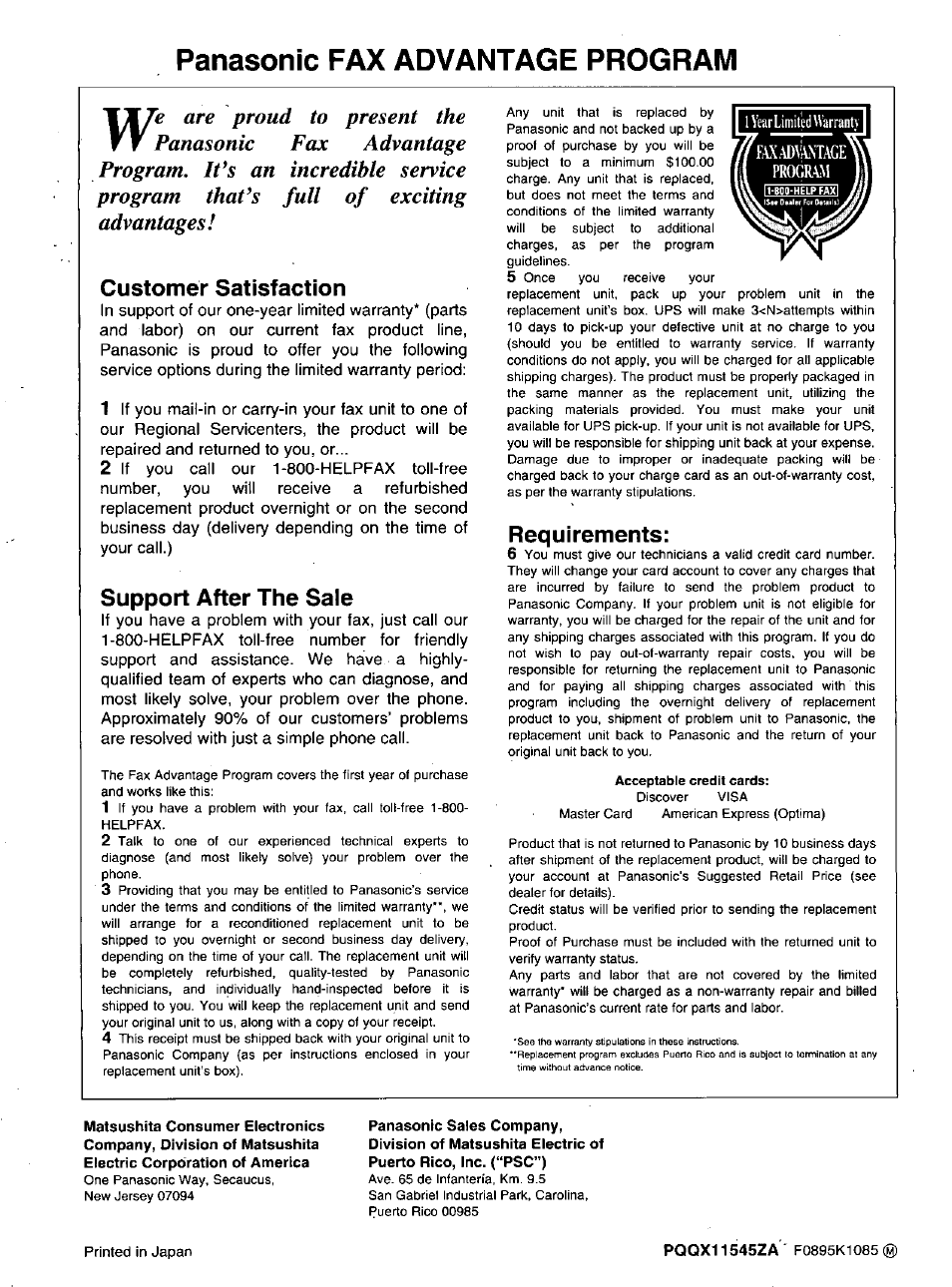Panasonic fax advantage program, Support after the sale, Requirements | Panasonic KXF1100 User Manual | Page 84 / 84