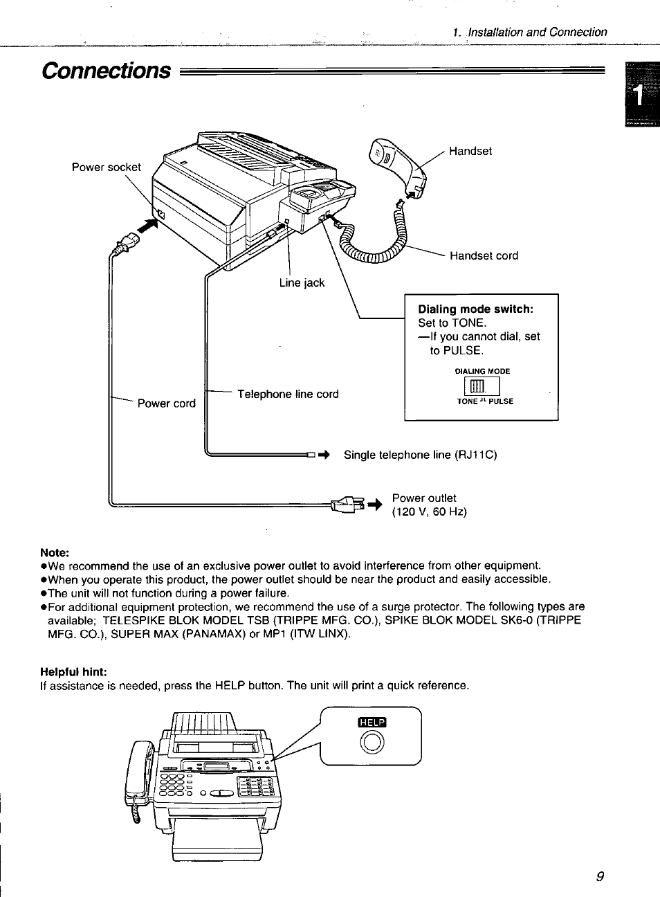 Connections, Note, Helpful hint | Panasonic KXF1100 User Manual | Page 9 / 84