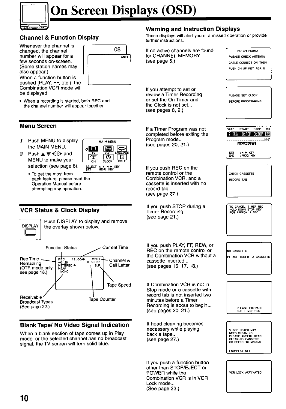 On screen displays (osd), Channel & function display, Menu screen | Warning and instruction displays, Vcr status & clock display, Blank tape/ no video signal indication | Panasonic OMNIVISION PV-M2737 User Manual | Page 10 / 36