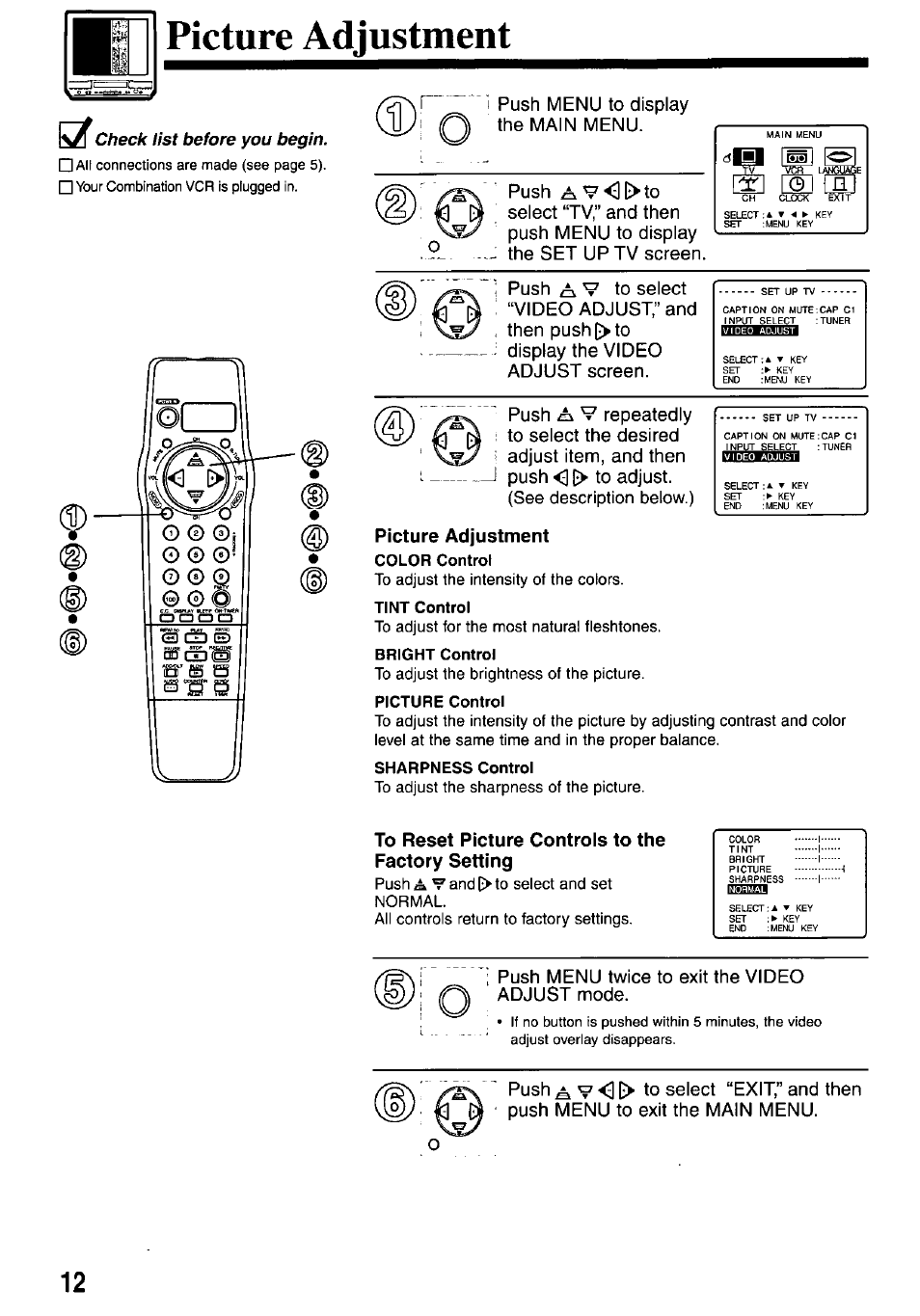 Picture adjustment, Tint control, Bright control | Picture control, Sharpness control, To reset picture controls to the factory setting | Panasonic OMNIVISION PV-M2737 User Manual | Page 12 / 36