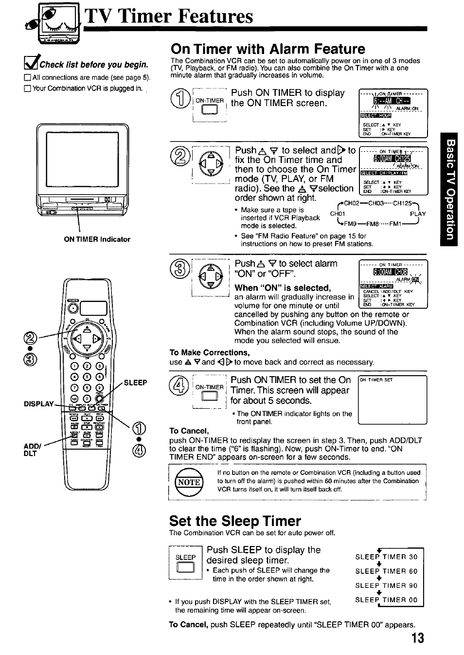 Tv timer features, On timer indicator, On timer with aiarm feature | Eiiibaaaaabihb, When “on" is selected, To make corrections, To cancel, Set the sleep timer | Panasonic OMNIVISION PV-M2737 User Manual | Page 13 / 36
