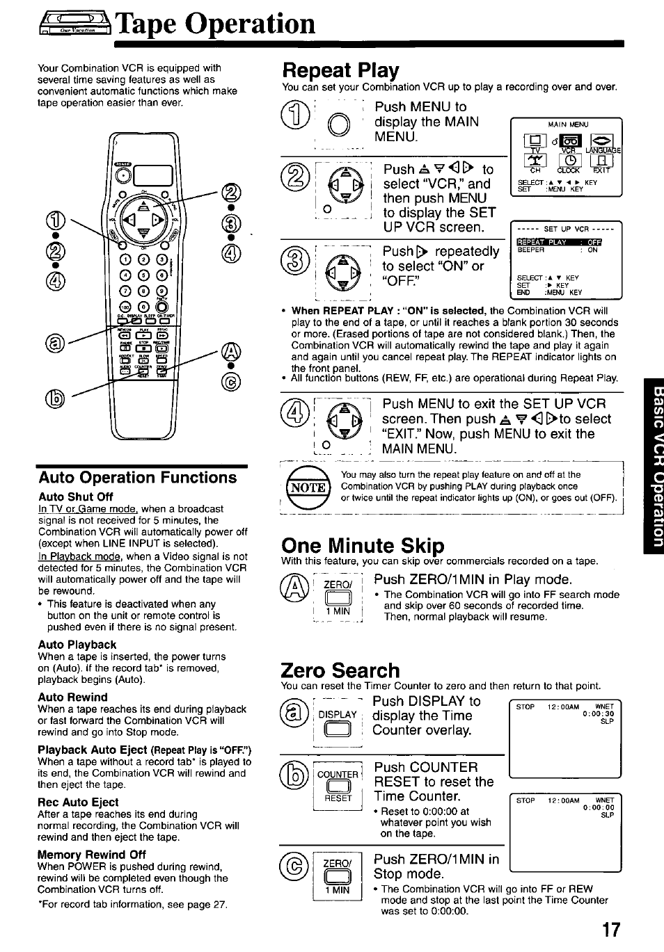Stape operation, Auto operation functions, Auto shut off | Auto playback, Auto rewind, Rec auto eject, Memory rewind off, Repeat play, One minute skip, Zero search | Panasonic OMNIVISION PV-M2737 User Manual | Page 17 / 36