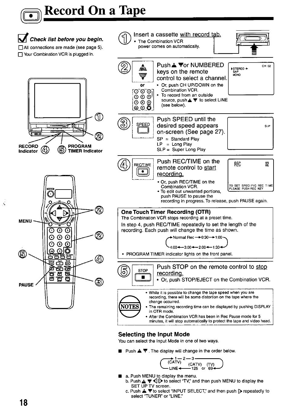 Record on a tape, Selecting the input mode | Panasonic OMNIVISION PV-M2737 User Manual | Page 18 / 36