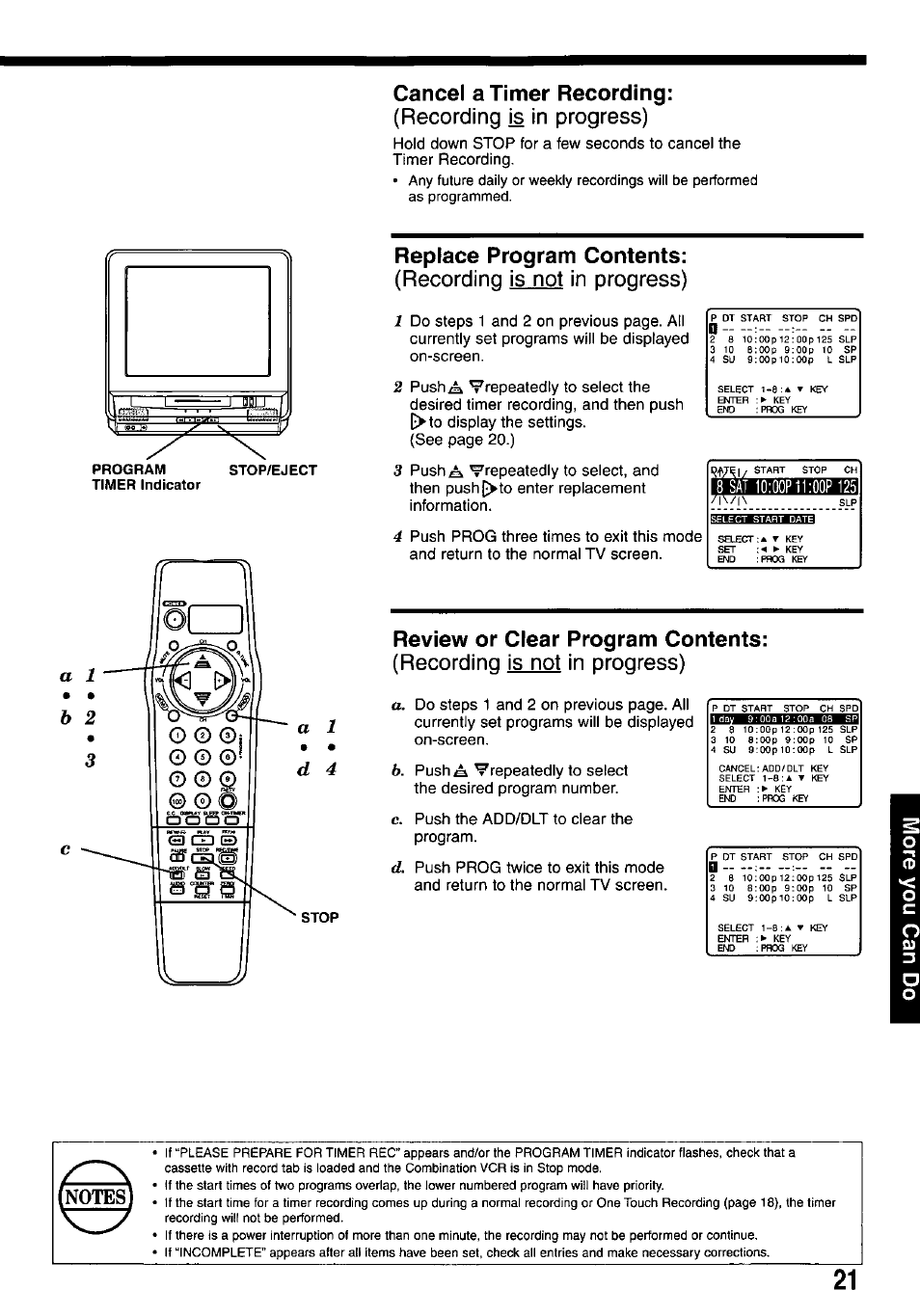 Cancel a timer recording, Replace program contents, Review or clear program contents | Recording is in progress), Recording is not in progress) | Panasonic OMNIVISION PV-M2737 User Manual | Page 21 / 36