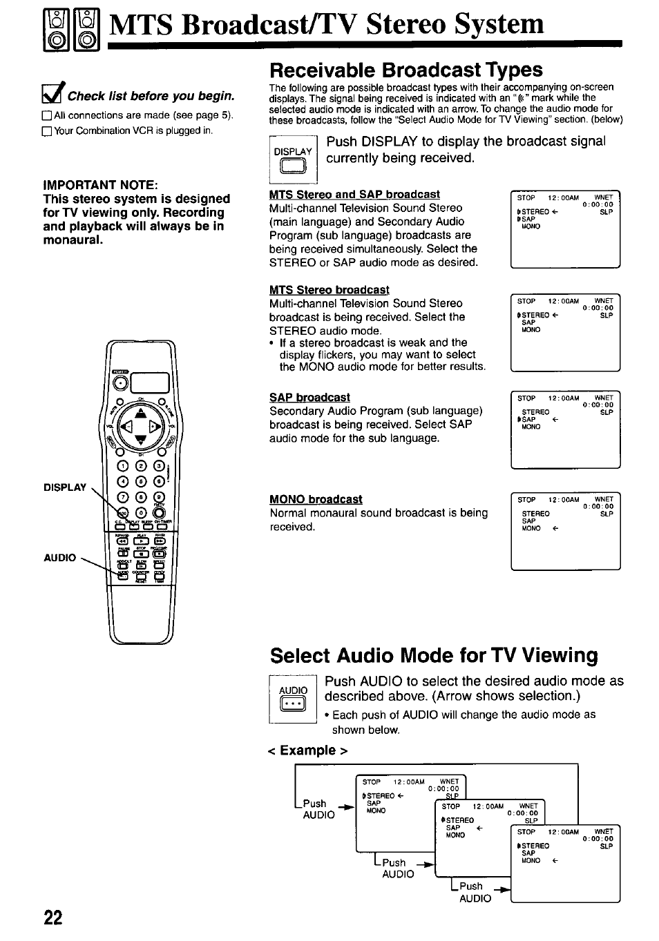 Mts broadcast/tv stereo system, Receivable broadcast types, Mts stereo and sap broadcast | Mts stereo broadcast, Sap broadcast, Mono broadcast, Select audio mode for tv viewing, Example, Kx check list before you begin | Panasonic OMNIVISION PV-M2737 User Manual | Page 22 / 36