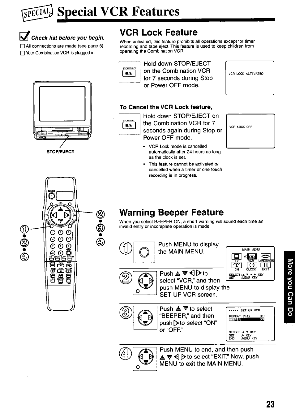 Specia^ special vcr features, Vcr lock feature, To cancel the vcr lock feature | Warning beeper feature | Panasonic OMNIVISION PV-M2737 User Manual | Page 23 / 36