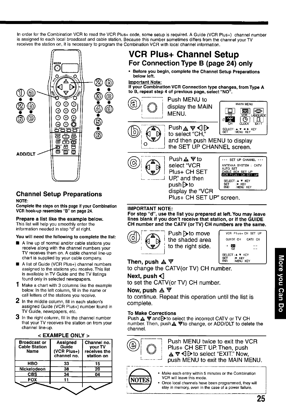 Vcr plus+ channel setup, Note, Prepare a list like the example below | Example only, Important note, Then, push a w, Next, push, Now, push a w, To make corrections, Channel setup preparations | Panasonic OMNIVISION PV-M2737 User Manual | Page 25 / 36