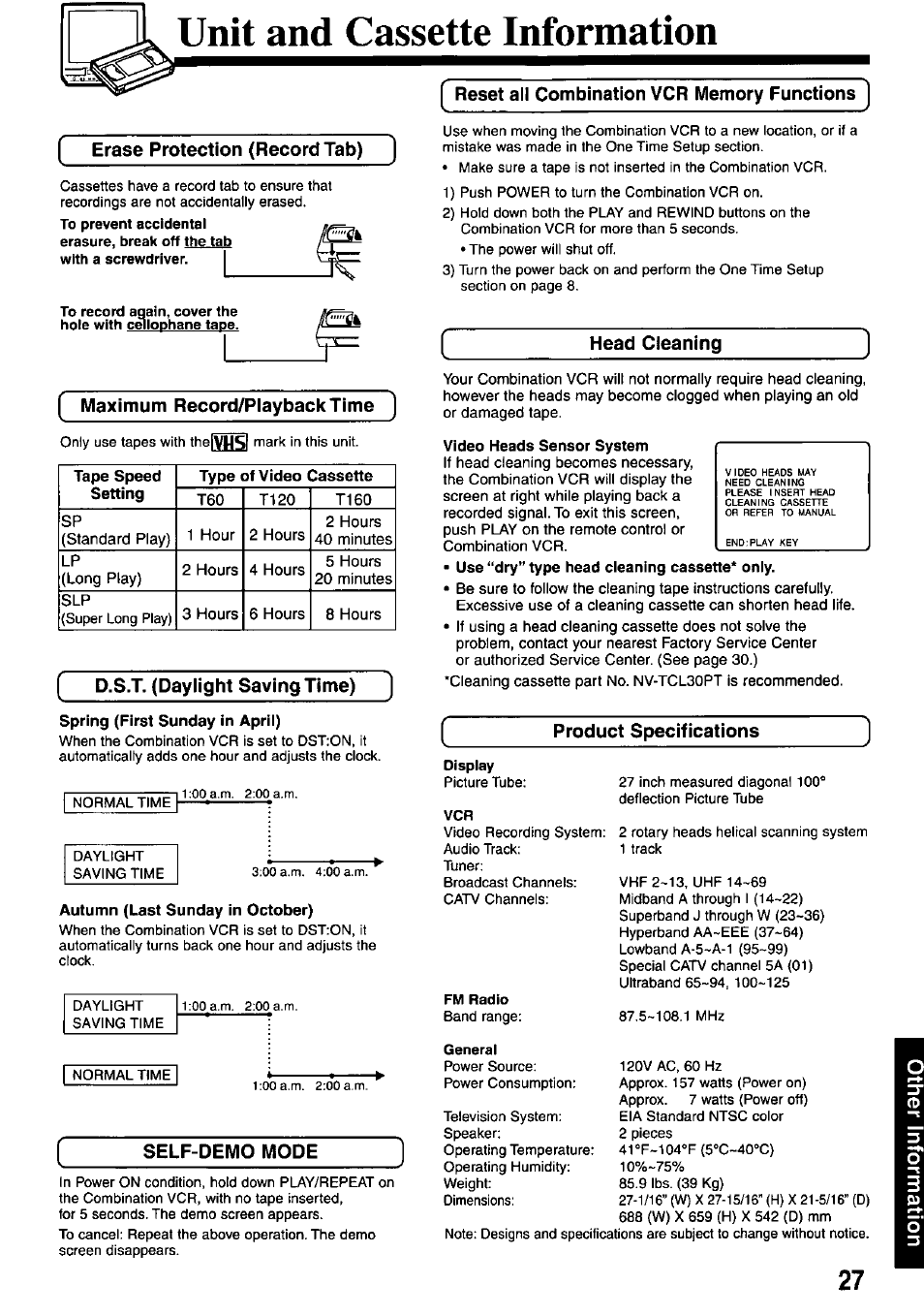 Unit and cassette information, Erase protection (record tab), Maximum record/playbacktime | D.s.t. (daylight saving time), Spring (first sunday in aprii), Autumn (last sunday in october), Self-demo mode, Reset all combination vcr memory functions, Head cleaning, Video heads sensor system | Panasonic OMNIVISION PV-M2737 User Manual | Page 27 / 36