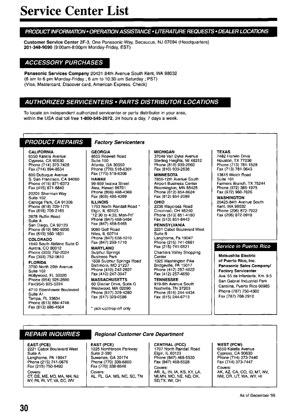 Service center list, Accessory purchases, Product repairs | Repair inquiries | Panasonic OMNIVISION PV-M2737 User Manual | Page 30 / 36