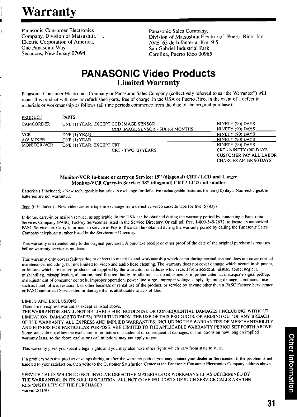 Warranty, Limited warranty, Panasonic video products | Panasonic OMNIVISION PV-M2737 User Manual | Page 31 / 36