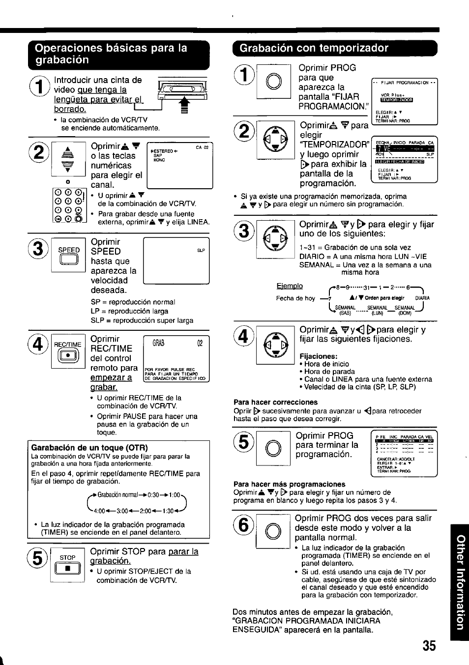 Operaciones básicas para la grabación, Garabación de un toque (otr), Grabación con temporizador | Fijaciones, Para hacer correcciones, Para hacer más programaciones | Panasonic OMNIVISION PV-M2737 User Manual | Page 35 / 36