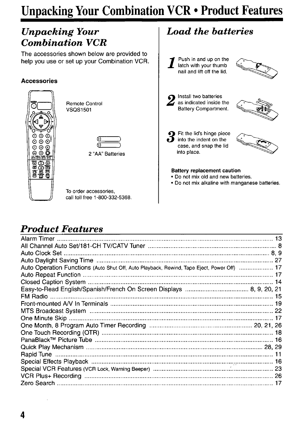 Unpacking your combination vcr • product features, Accessories, Unpacking your combination vcr | Load the batteries, Product features | Panasonic OMNIVISION PV-M2737 User Manual | Page 4 / 36