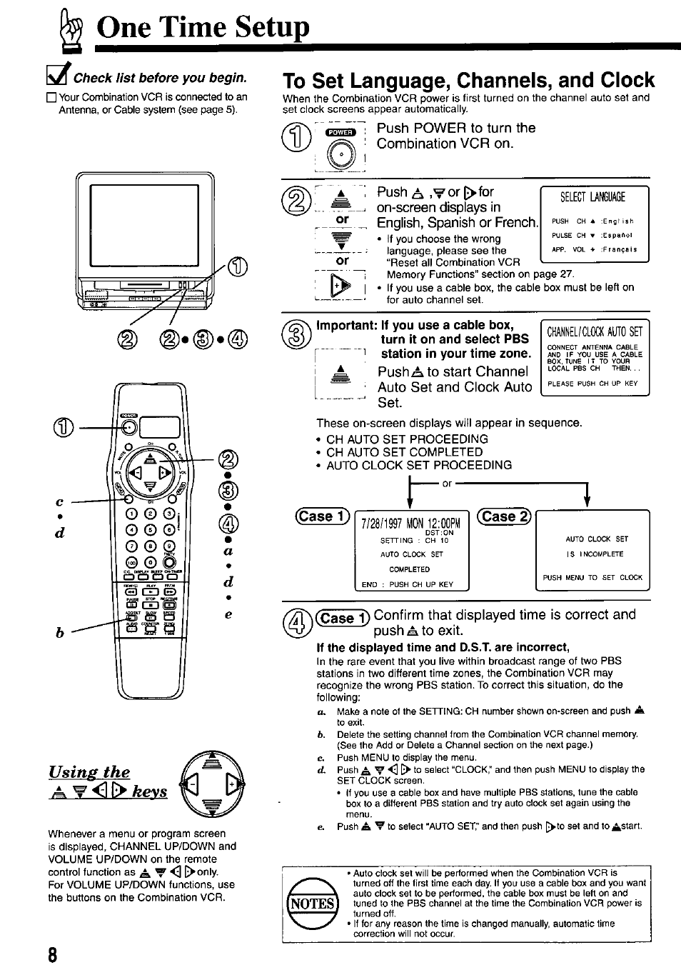 One time setup, 1g> feevs, To set language, channels, and clock | Case 1), 1 g> feevs | Panasonic OMNIVISION PV-M2737 User Manual | Page 8 / 36