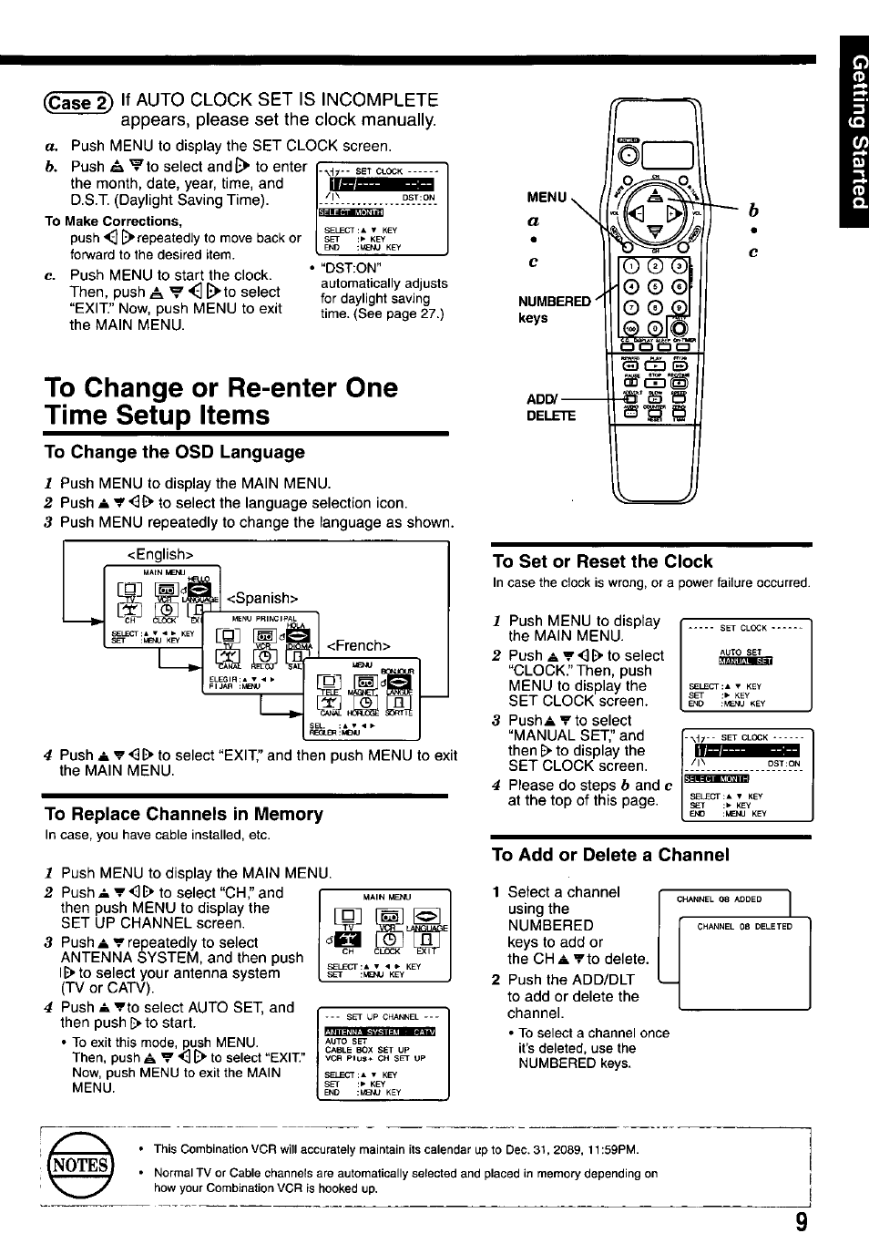To change or re-enter one time setup items, To change the osd language, To replace channels in memory | To set or reset the clock, To add or delete a channel, Case | Panasonic OMNIVISION PV-M2737 User Manual | Page 9 / 36