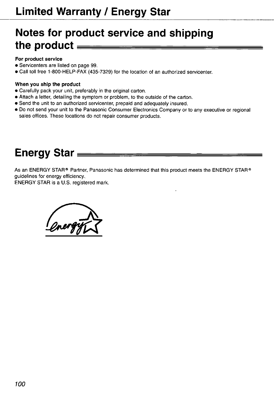 Notes for product service and shipping the product, Energy star | Panasonic KX-FP105 User Manual | Page 100 / 112