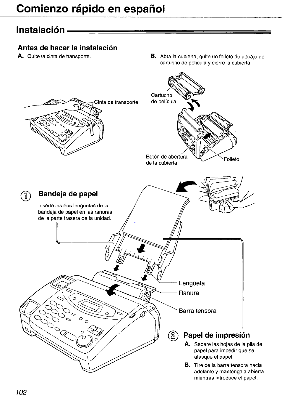 Instalación, Comienzo rápido en españoi | Panasonic KX-FP105 User Manual | Page 102 / 112