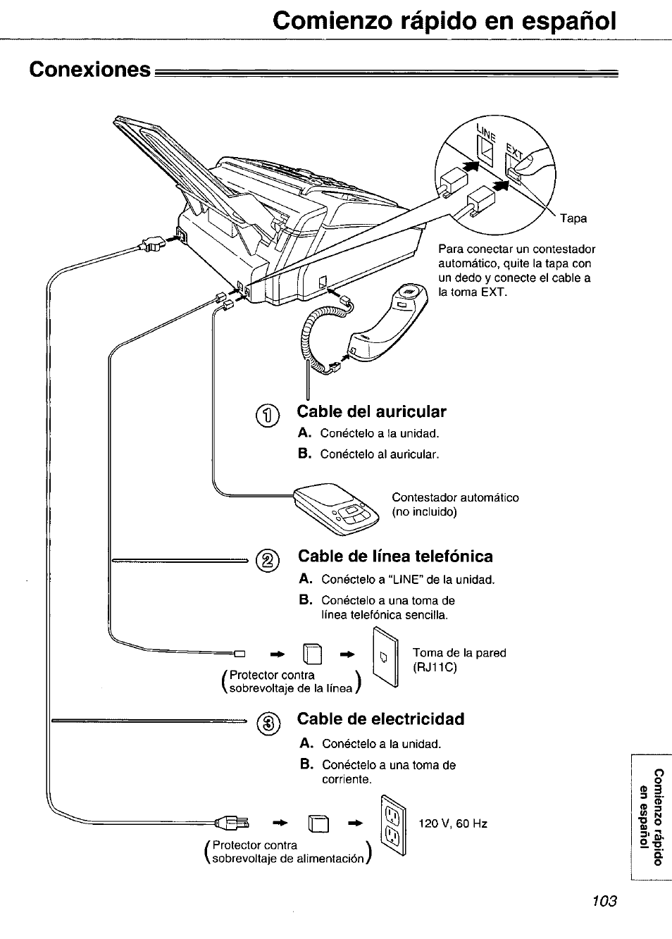 Conexiones, Cable de línea telefónica, Cable de electricidad | Comienzo rápido en españoi | Panasonic KX-FP105 User Manual | Page 103 / 112