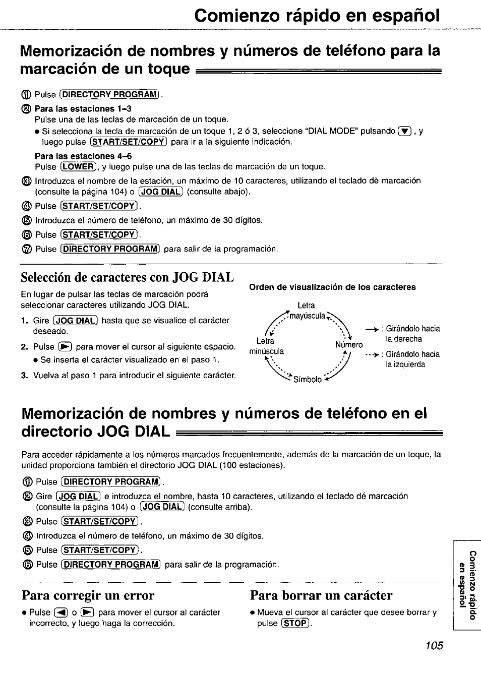 Selección de caracteres con jog dial, Para corregir un error, Para borrar un carácter | Comienzo rápido en español | Panasonic KX-FP105 User Manual | Page 105 / 112