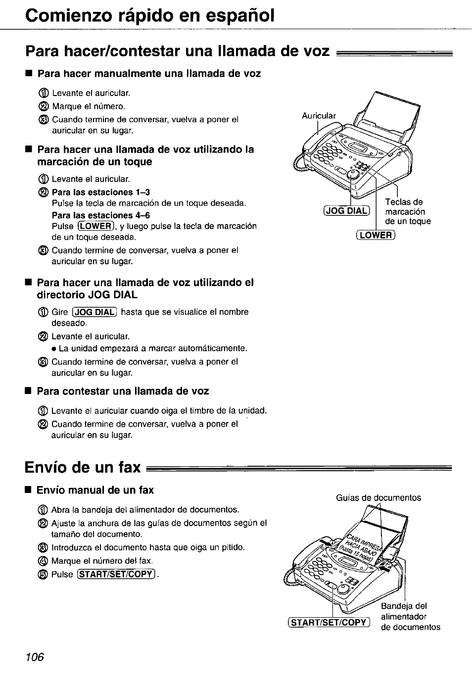 Para hacer/contestar una llamada de voz, Envío de un fax, Comienzo rápido en españoi | Panasonic KX-FP105 User Manual | Page 106 / 112