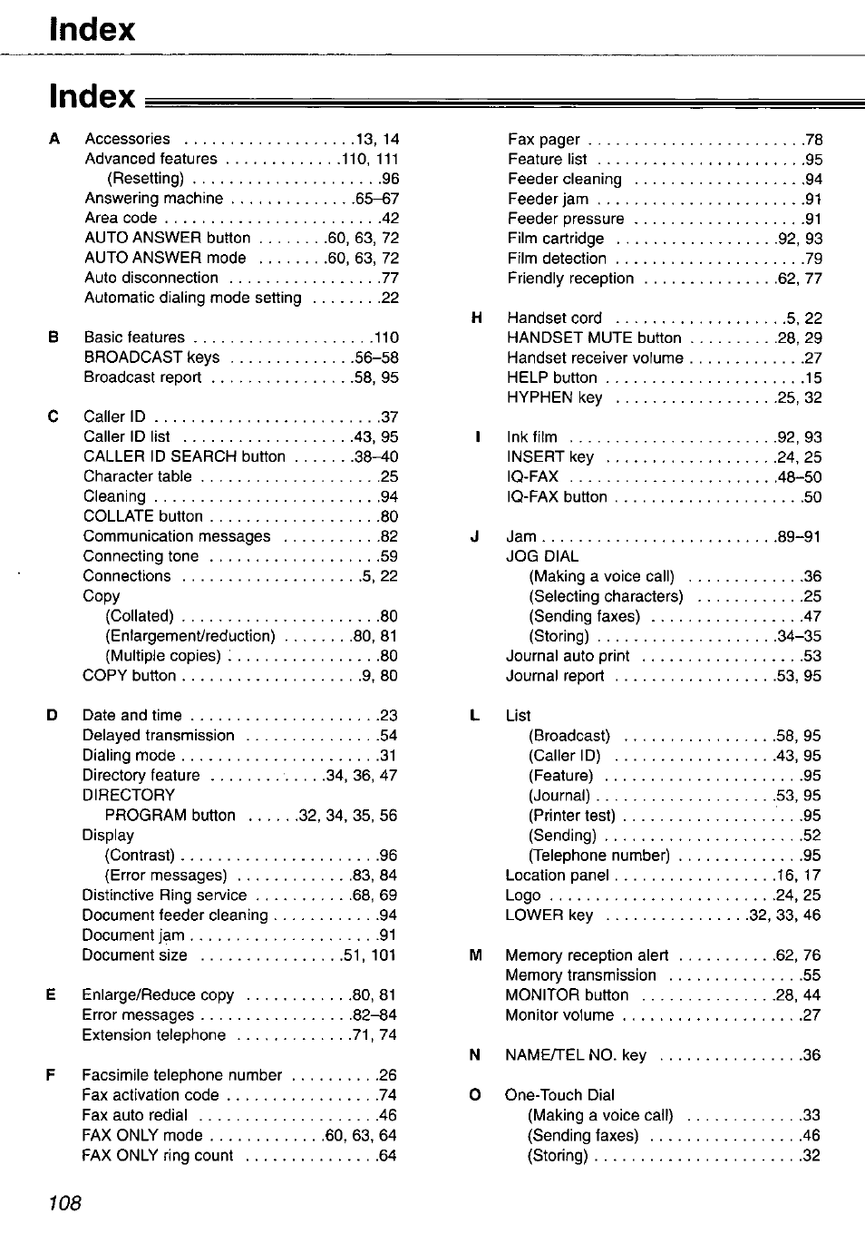Index | Panasonic KX-FP105 User Manual | Page 108 / 112