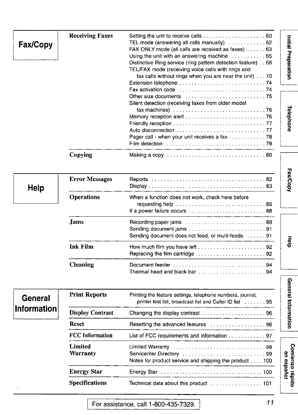 Information, Receiving faxes copying, Error messages operations jams ink film cleaning | Panasonic KX-FP105 User Manual | Page 11 / 112