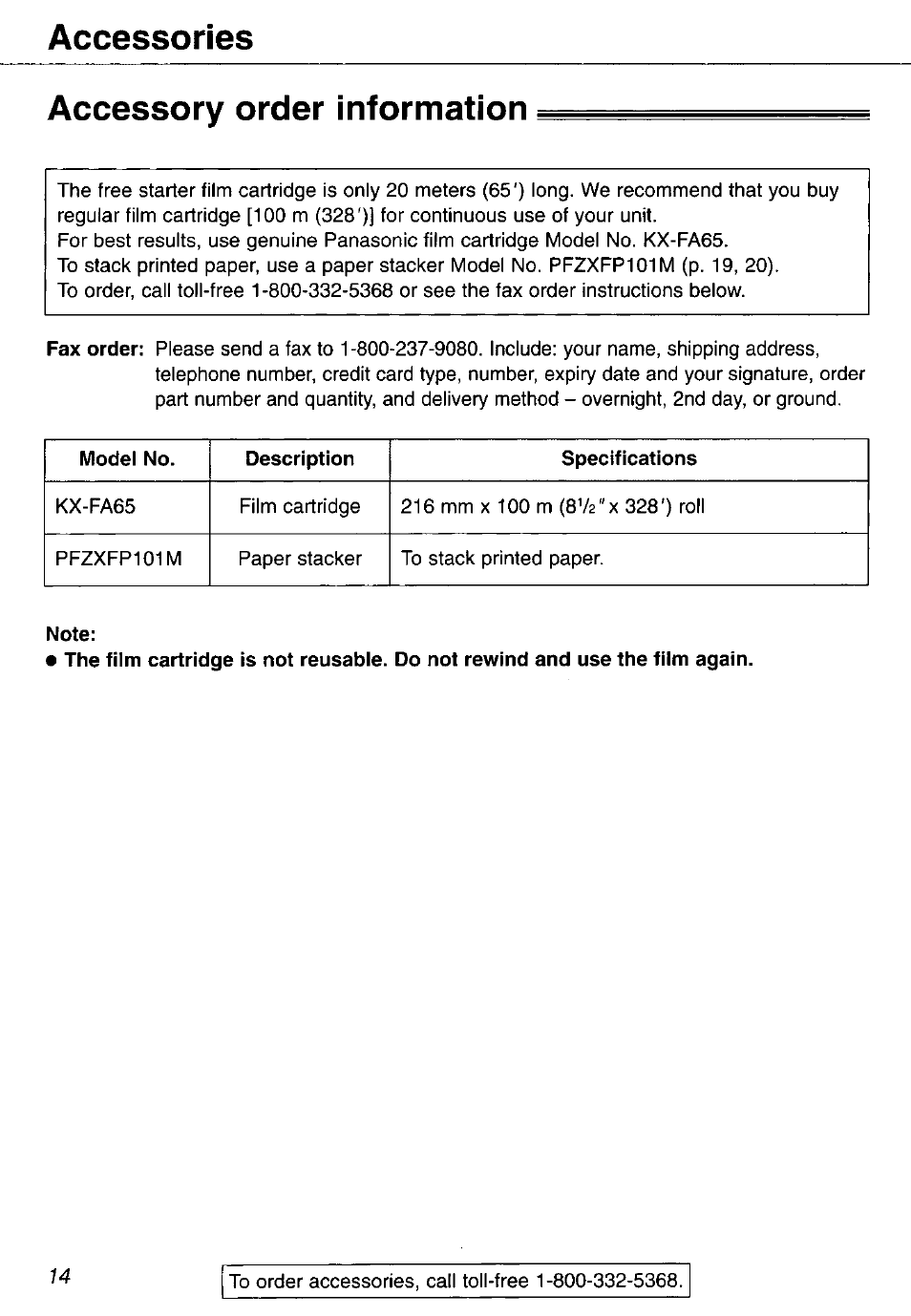 Accessory order information, Accessories accessory order information | Panasonic KX-FP105 User Manual | Page 14 / 112