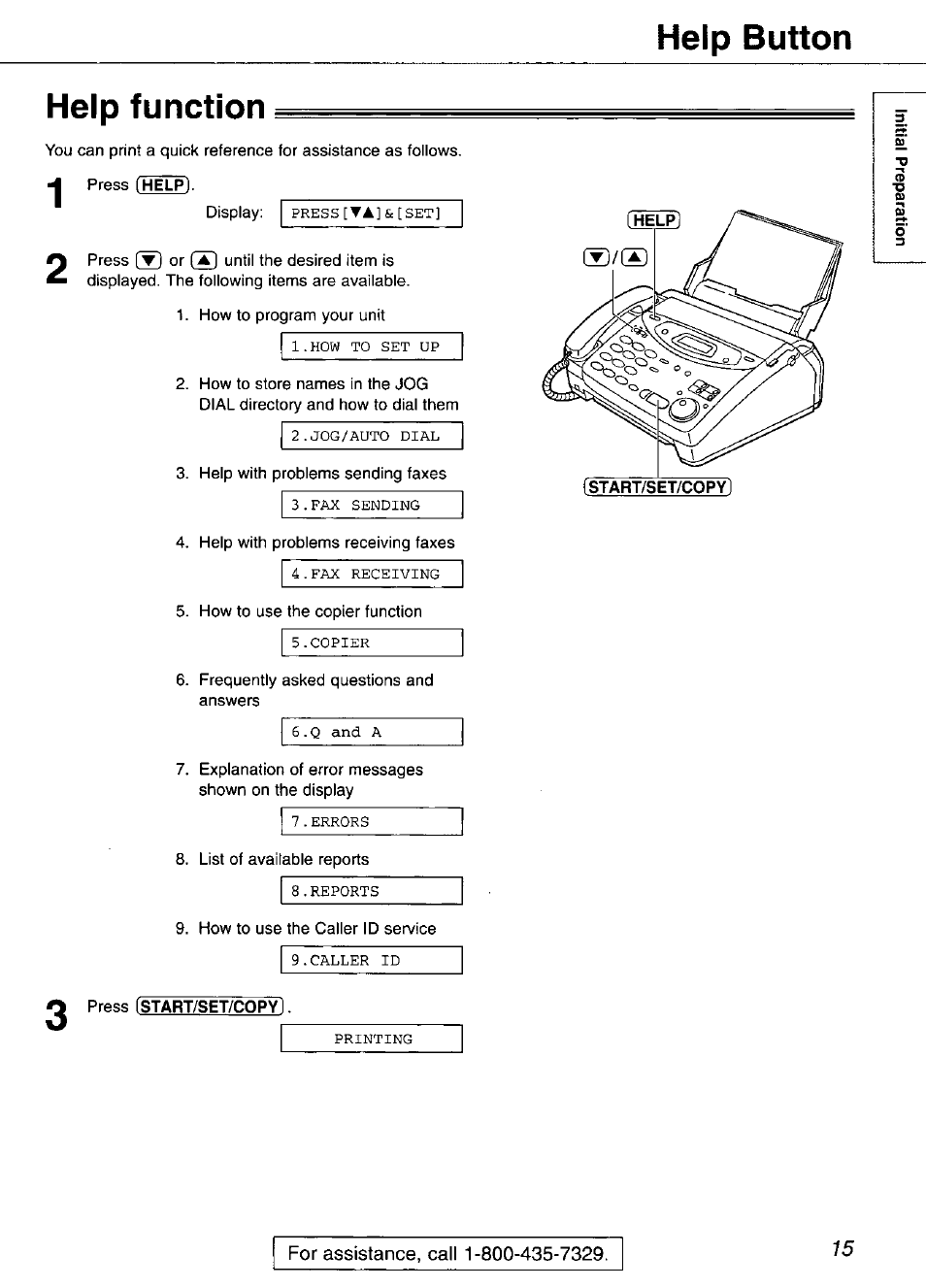 Help function, Help button help function | Panasonic KX-FP105 User Manual | Page 15 / 112