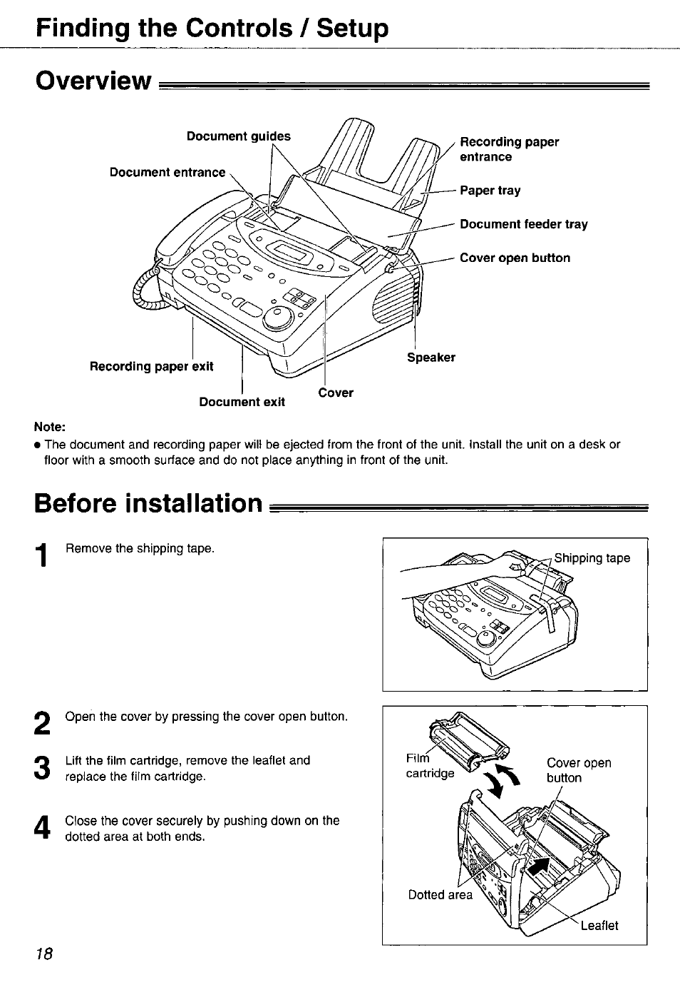 Overview, Note, Before installation | Finding the controis / setup overview | Panasonic KX-FP105 User Manual | Page 18 / 112