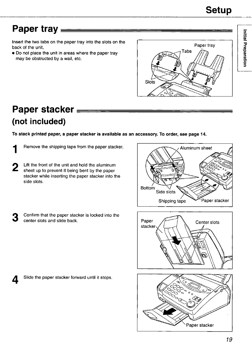 Paper tray, Paper stacker, Not included) | Setup paper tray | Panasonic KX-FP105 User Manual | Page 19 / 112