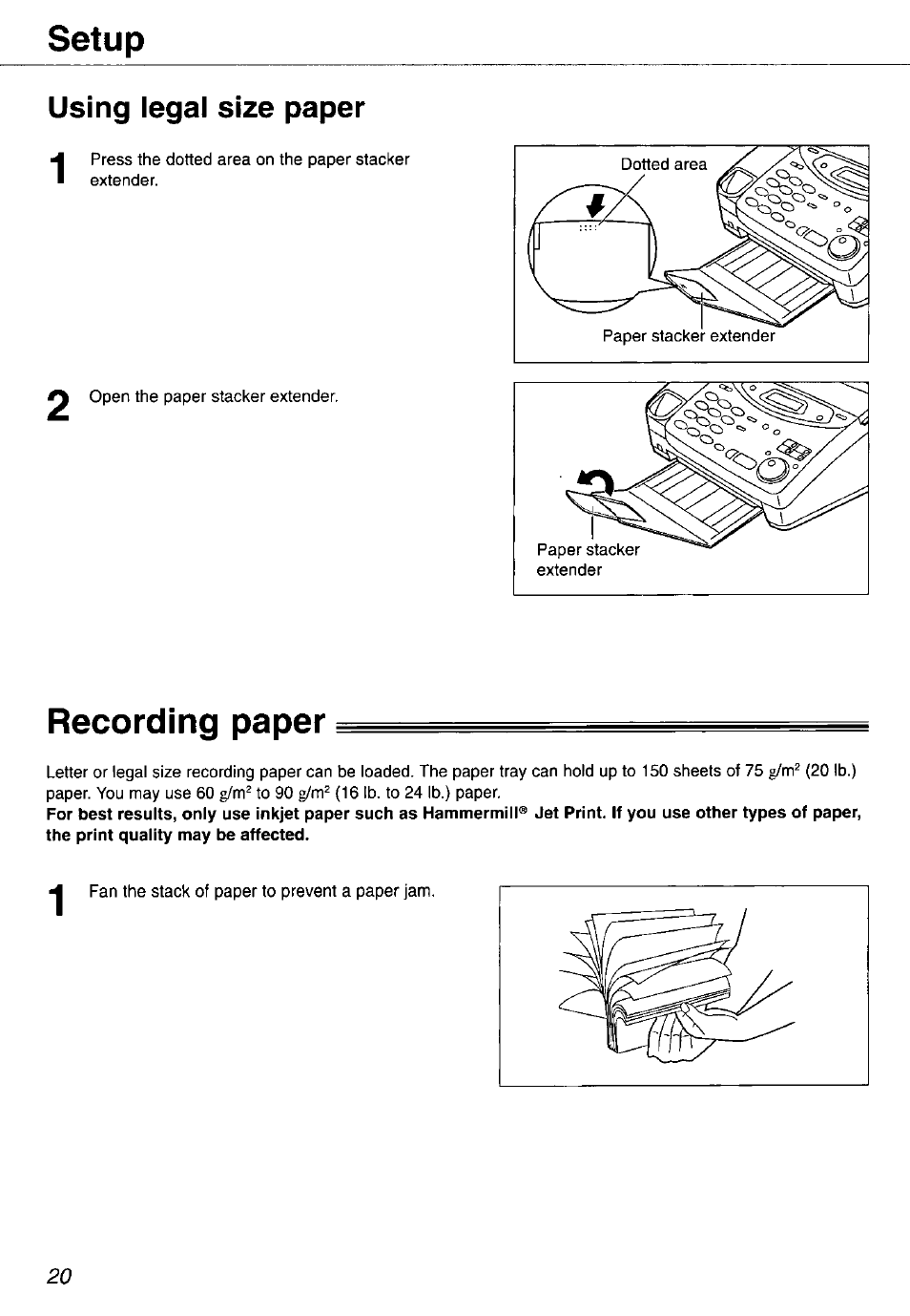 Using legal size paper, Recording paper, Setup | Panasonic KX-FP105 User Manual | Page 20 / 112