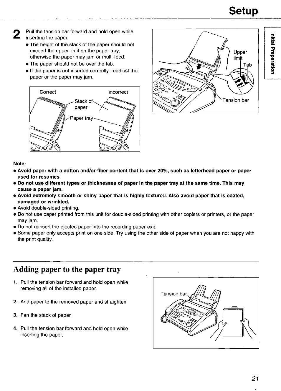 Note, Adding paper to the paper tray, Setup | Panasonic KX-FP105 User Manual | Page 21 / 112