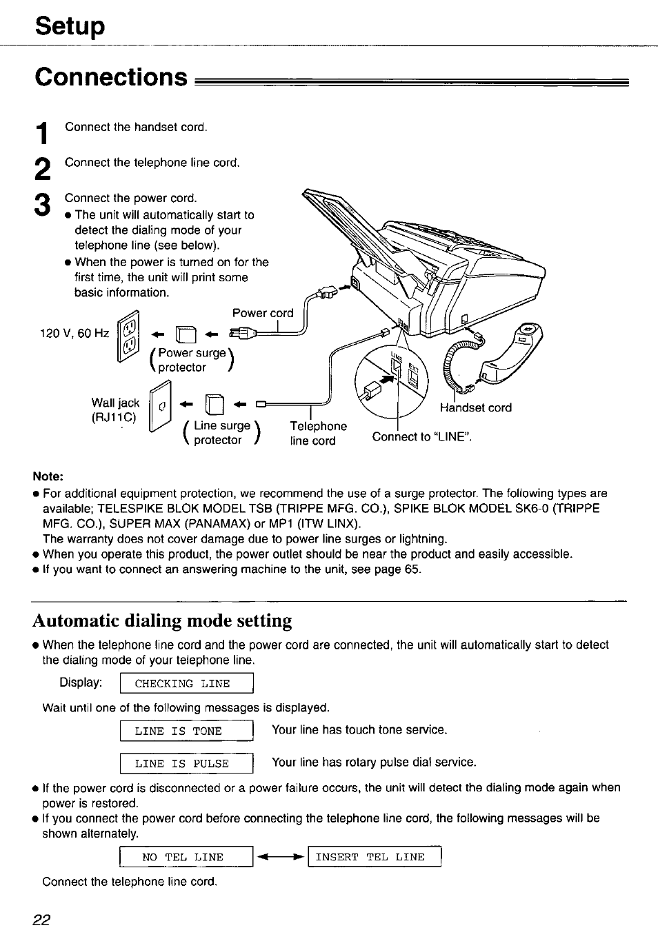 Connections, Automatic dialing mode setting, Setup connections | Panasonic KX-FP105 User Manual | Page 22 / 112