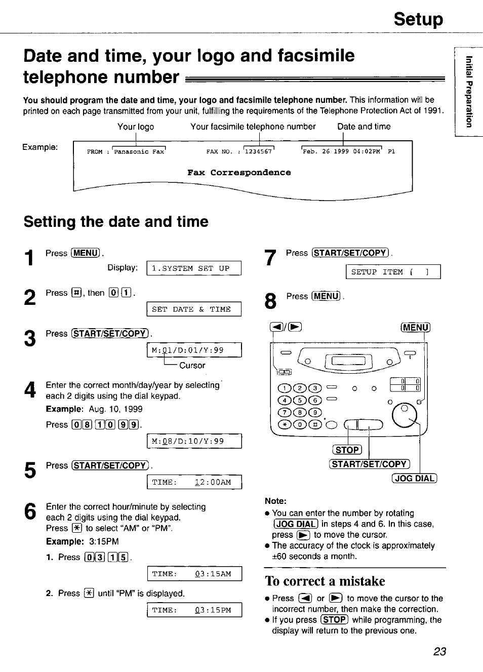 Fax correspondence, Setting the date and time, Press îstàrt/sët/copÿ | Press [start/set/copy, To correct a mistake | Panasonic KX-FP105 User Manual | Page 23 / 112