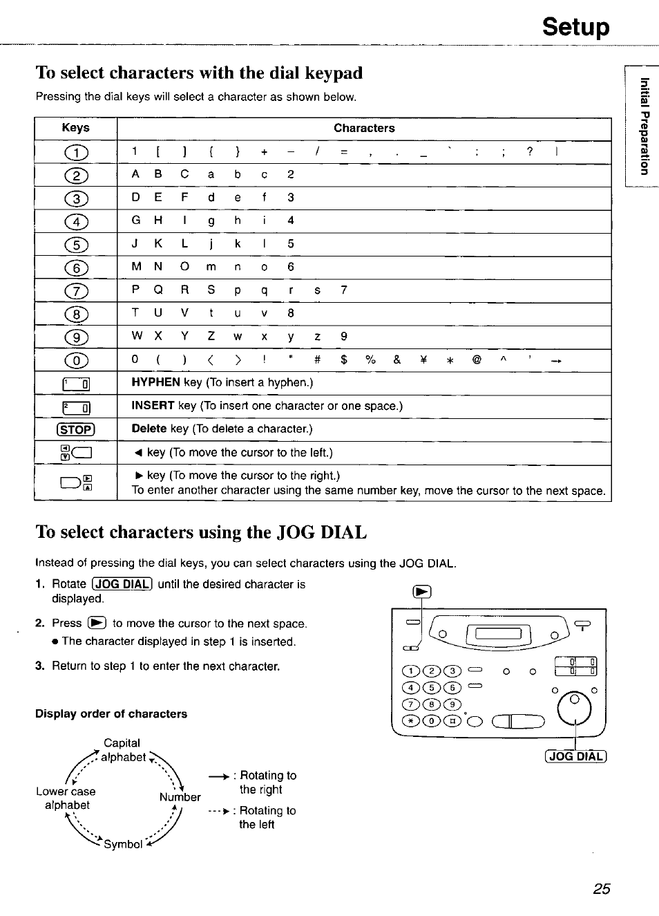 To select characters with the dial keypad, To select characters using the jog dial, Display order of characters | Setup | Panasonic KX-FP105 User Manual | Page 25 / 112