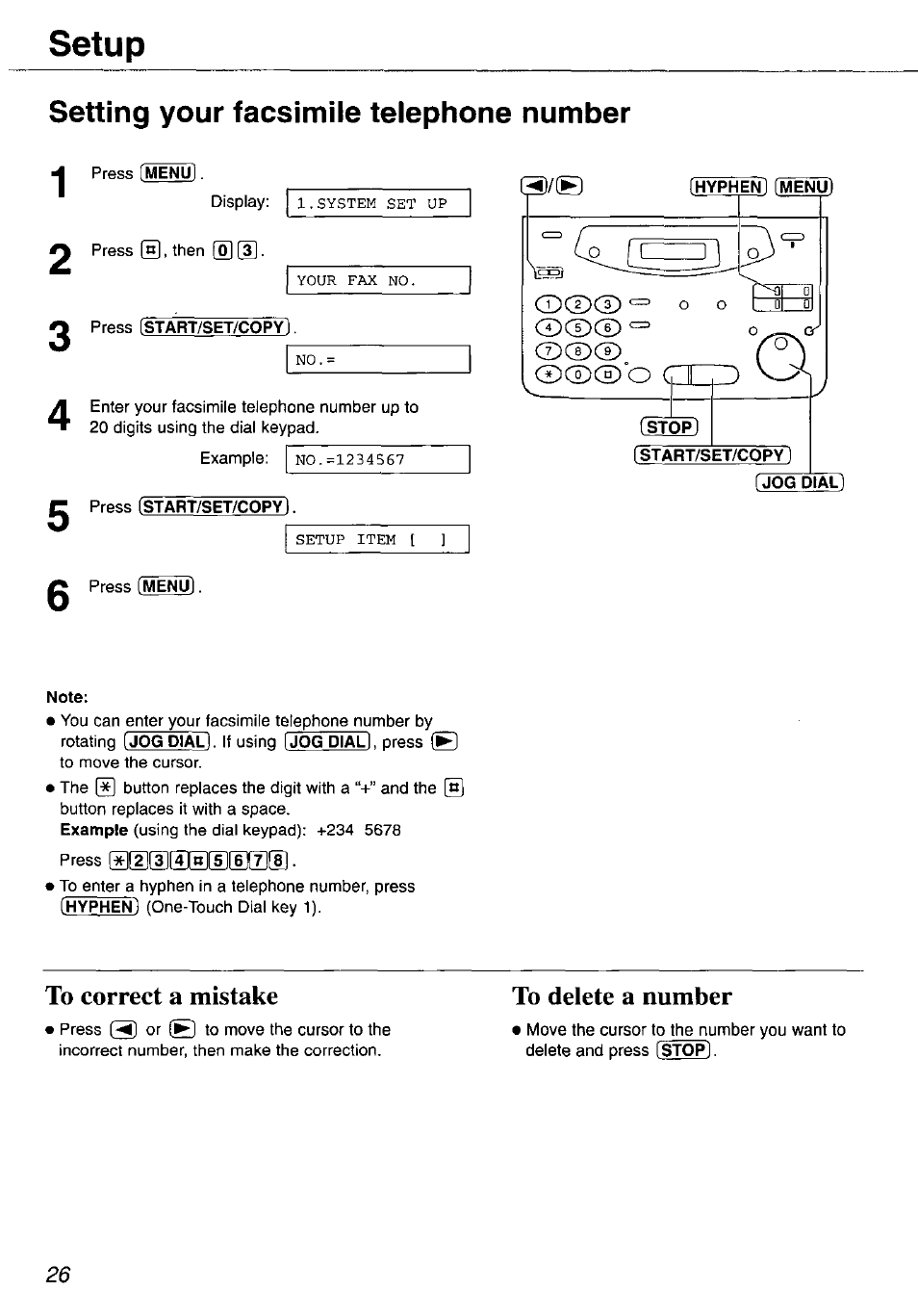 Setting your facsimile telephone number, To correct a mistake, To delete a number | Cd® o err, Setup | Panasonic KX-FP105 User Manual | Page 26 / 112