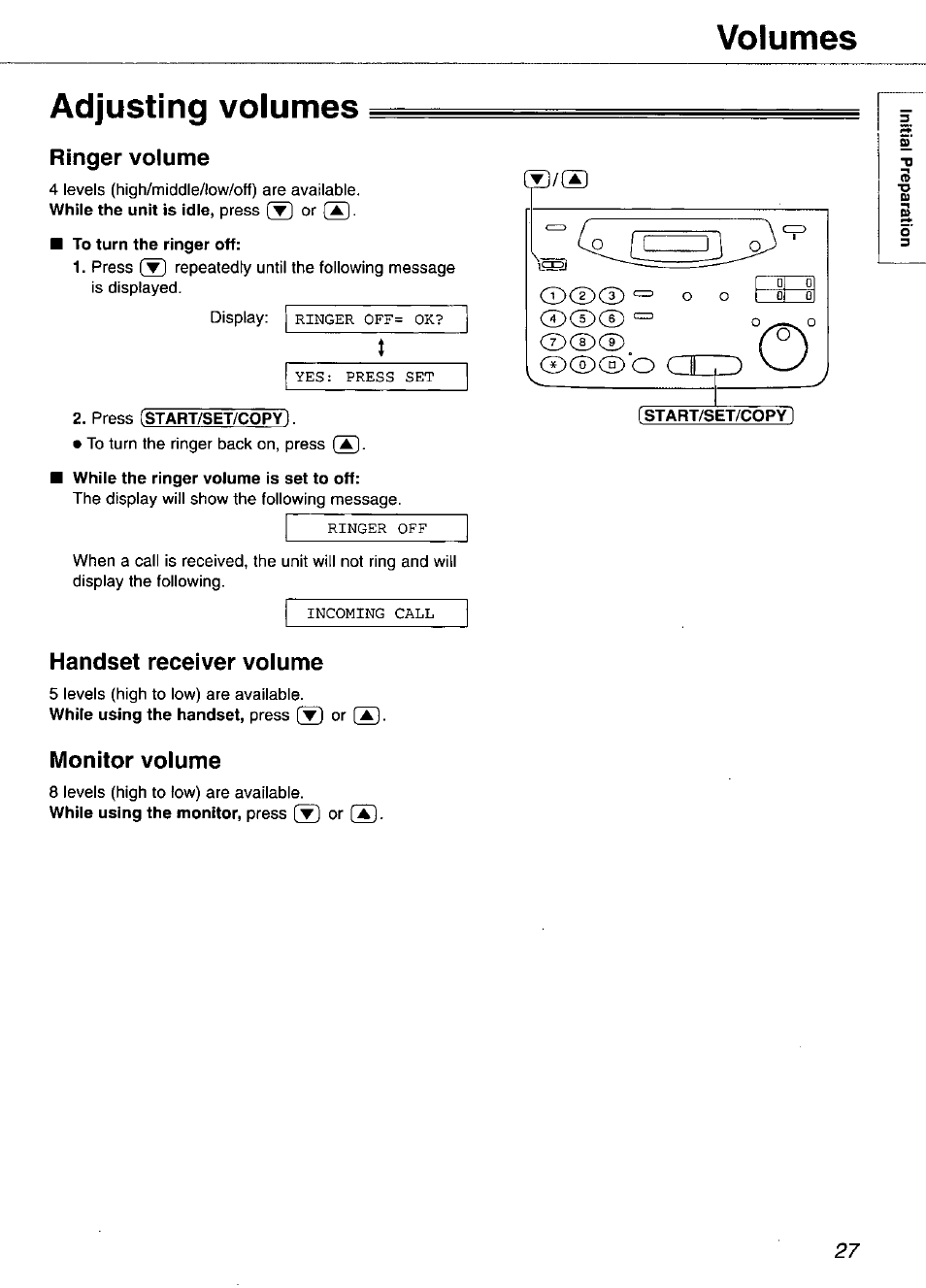 Adjusting volumes, Ringer volume, Press istart/set/copy | Handset receiver volume, Monitor volume, Volumes adjusting volumes | Panasonic KX-FP105 User Manual | Page 27 / 112