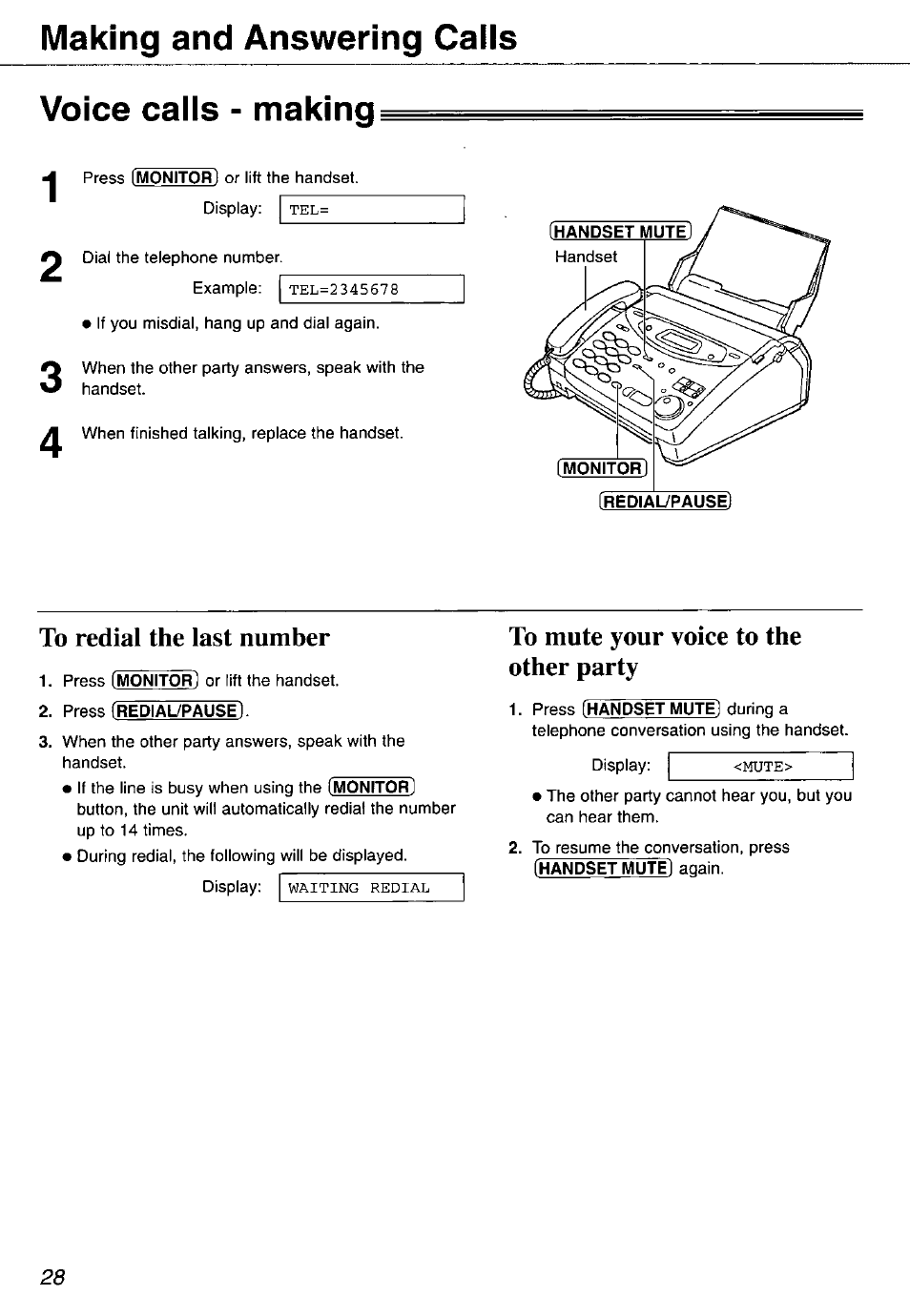 Voice calls - making, To redial the last number, To mute your voice to the other party | Making and answering calis voice calls - making | Panasonic KX-FP105 User Manual | Page 28 / 112