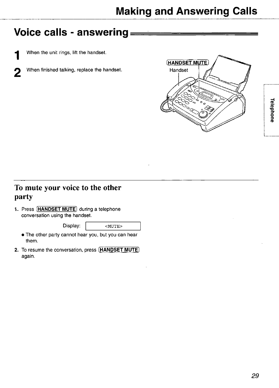 Voice caiis - answering, To mute your voice to the other party, Voice calls - answering | Making and answering caiis voice caiis - answering | Panasonic KX-FP105 User Manual | Page 29 / 112