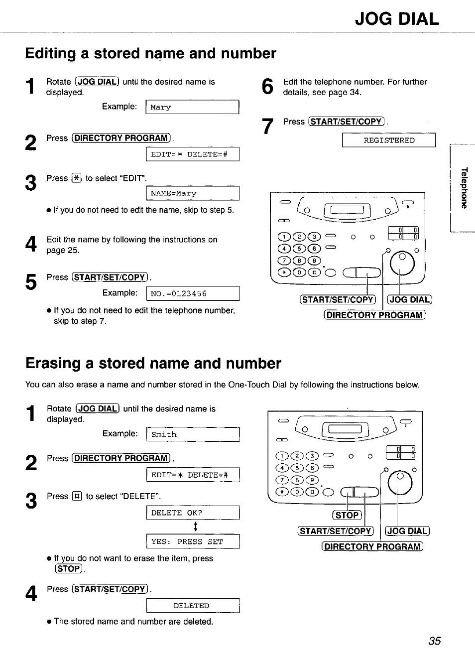 Editing a stored name and number, Press (directory program, Start/set/copy | Jog dial), Erasing a stored name and number, Jog dial | Panasonic KX-FP105 User Manual | Page 35 / 112