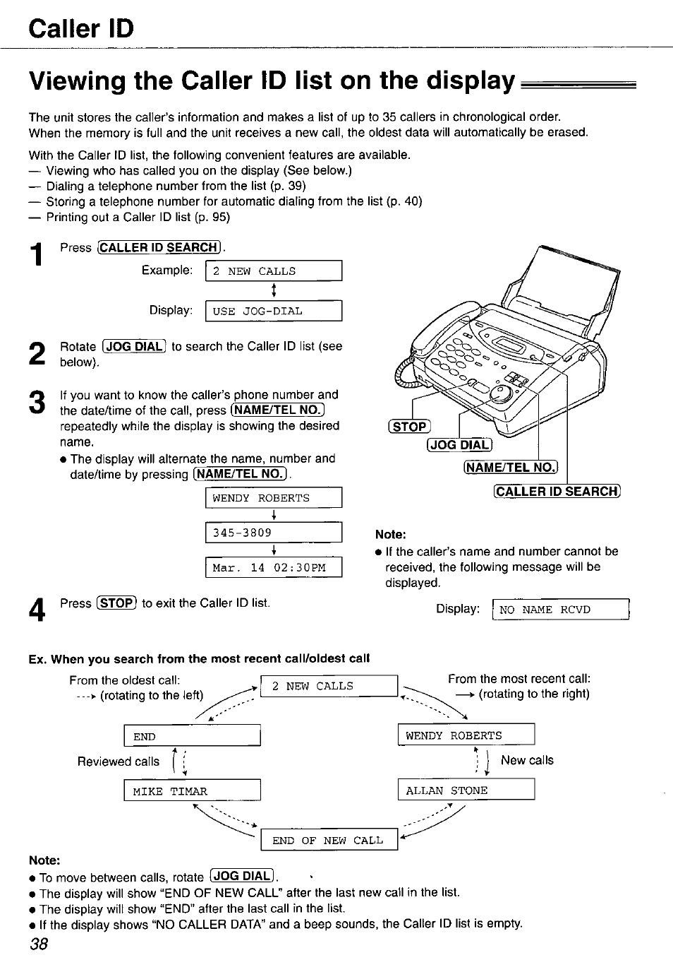 Viewing the caller id list on the display, Note, Caller id | Panasonic KX-FP105 User Manual | Page 38 / 112