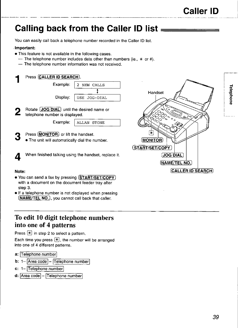 Calling back from the caller id list, Caller id calling back from the caller id list | Panasonic KX-FP105 User Manual | Page 39 / 112